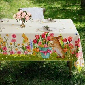 Easter Dining Tablecloth Spring Bunny Tulip Garden Egg Basket Butterflies Decor